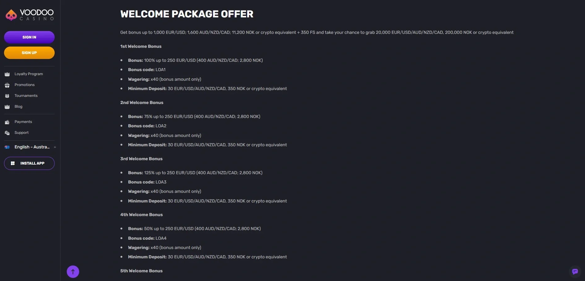Voodoo Casino Australia bonus terms page showing current promotion information