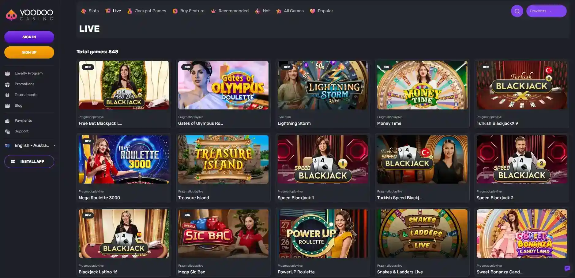 Voodoo Casino AU live casino lobby with live table tiles and provider filters