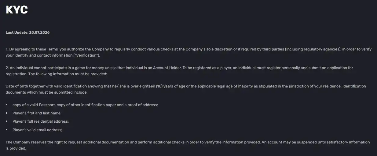 Official Voodoo Casino KYC page showing identity and proof-of-address requirements
