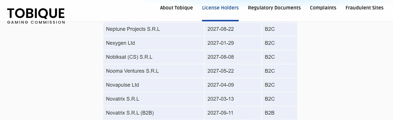 Tobique Gaming Commission licence register entry for Novatrix SRL