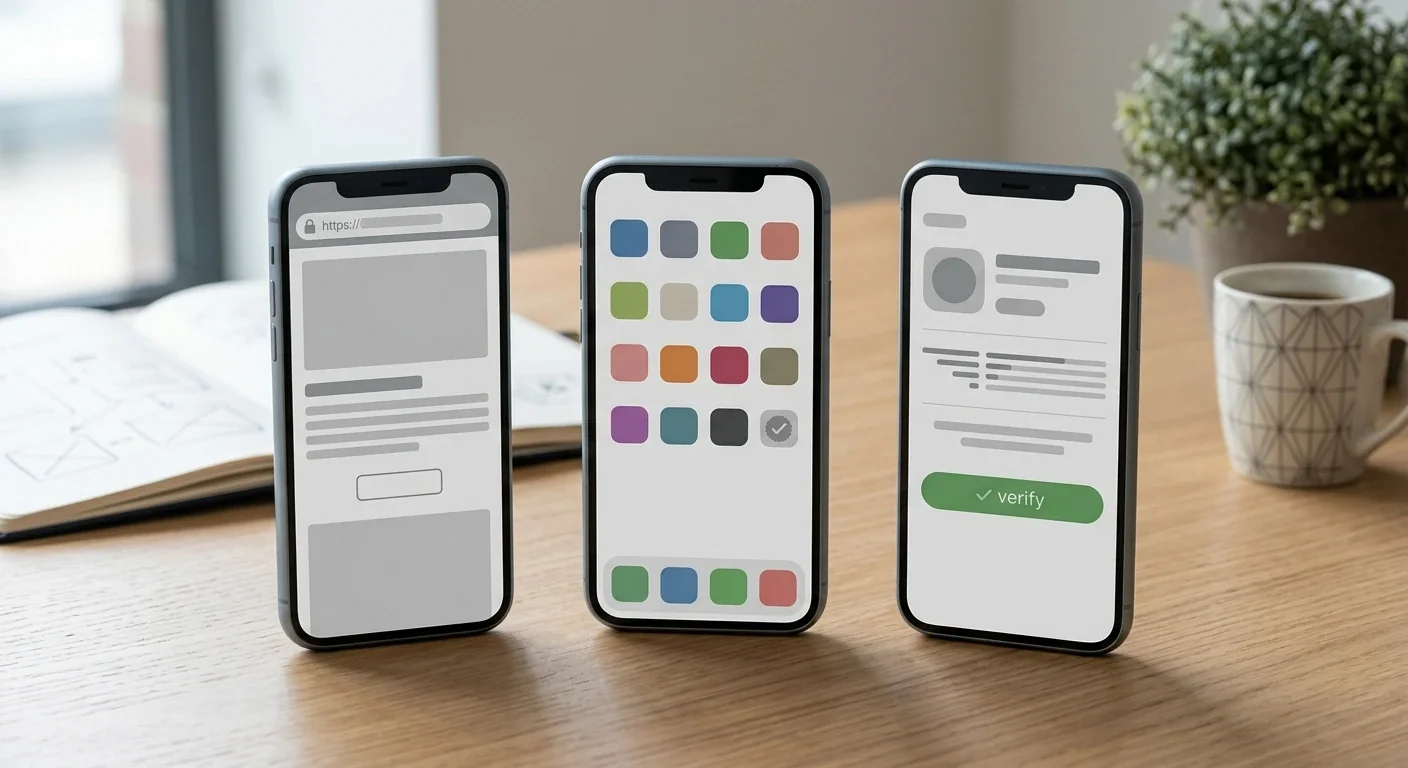 Editorial comparison of mobile browser, PWA and native app verification paths
