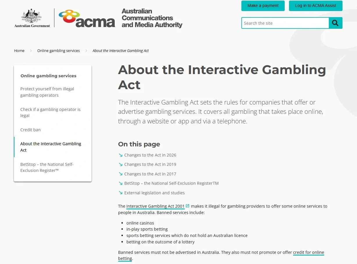 ACMA guidance on prohibited online casino services in Australia