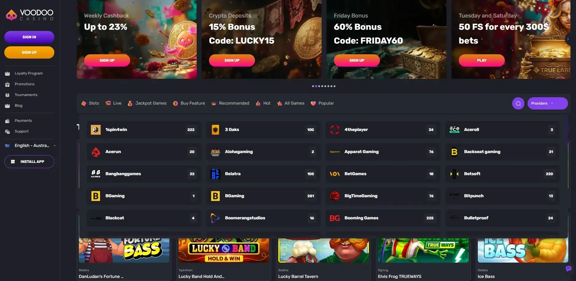 Voodoo Casino Australia game lobby with game categories and provider filters