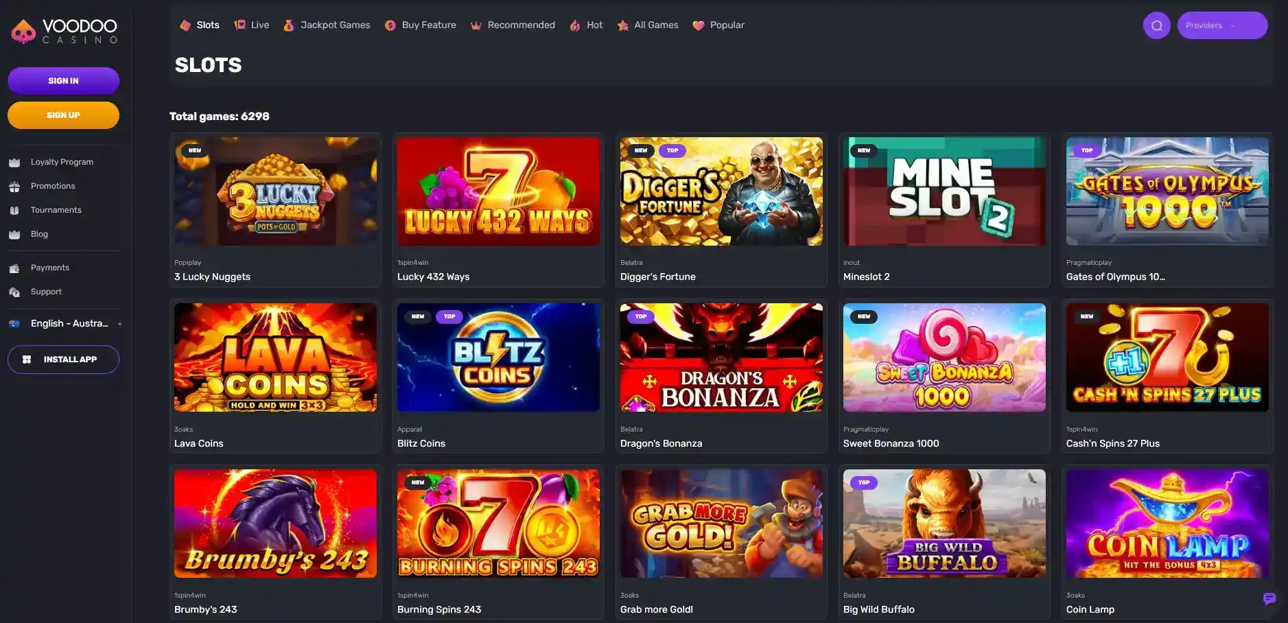 Voodoo Casino Australia pokies lobby with slot categories and provider filters
