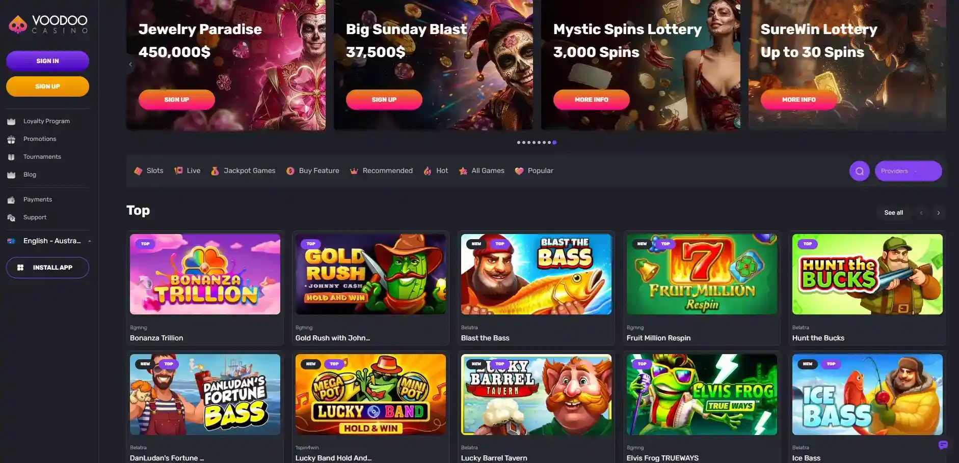 Voodoo Casino Australia homepage interface